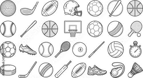 Sports Equipment and Balls Icon Set with Retro Halftone Textures for Game Graphics Tournament Badges Team Logos Coaching Materials and Fan Merchandise Designs