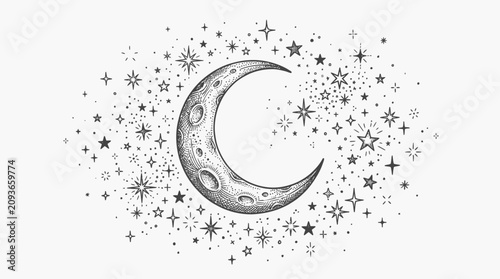 The crescent moon shines brightly surrounded by a multitude of stars in the night sky with a beautiful celestial illustration.
