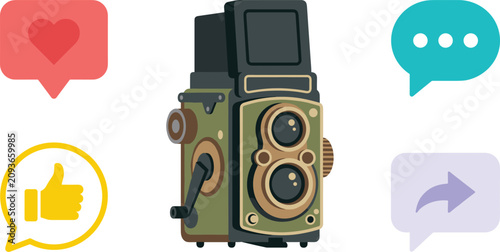 Foto Vintage Twin Lens Reflex Camera with Social Media Notification Icons Representin