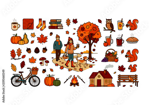 Cozy autumn and fall season element set with people, animals, and nature icons