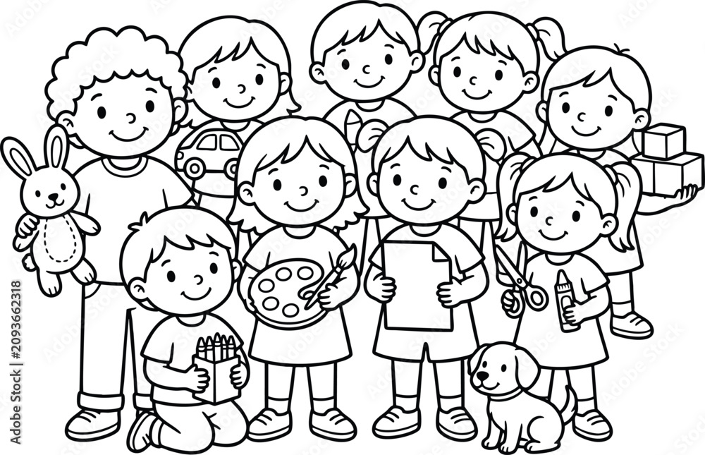 Fototapeta premium Happy children playing with toys and art supplies a delightful line art illustration of childhood activities