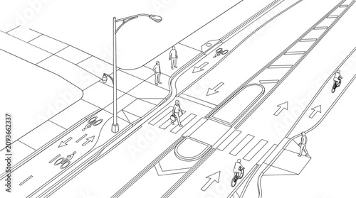 Картината върху платно Urban Street Cross Section with Bicycle Lanes Pedestrian Crosswalk and Road Infr