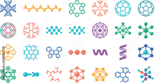 Quadro su tela Colorful Molecular Structure and Scientific Network Icon Collection for Chemistr