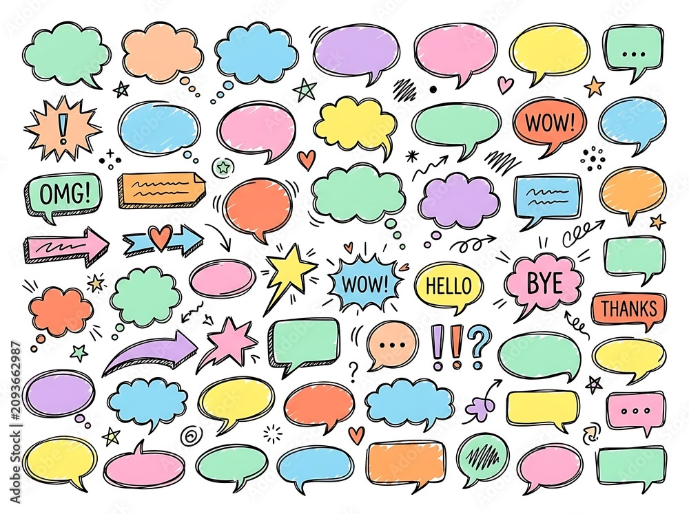 Fototapeta premium Hand Drawn Doodle Speech Bubbles and Comic Chat Vector Elements