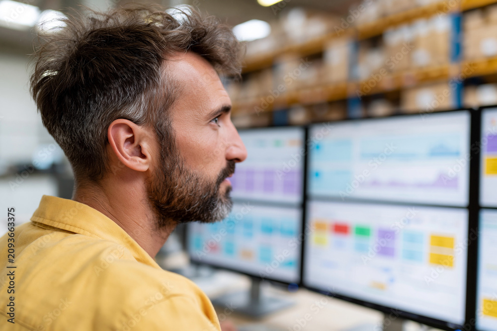 Fototapeta premium Man with beard watches data screens in warehouse. Yellow shirt contrasts with blurred shelves behind. Focus on analytics, planning, and decision-making