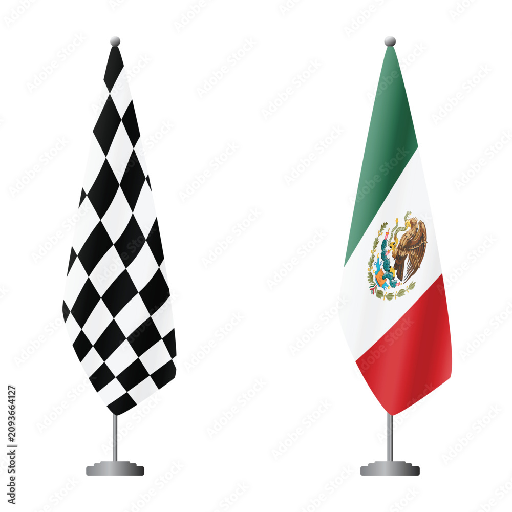 Obraz premium Checkered and Mexico flags on flagpoles for official ceremonies and meetings, transparent background vector