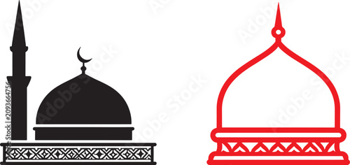Photos Mosque dome vector icons with minaret and crescent moon in black silhouette and
