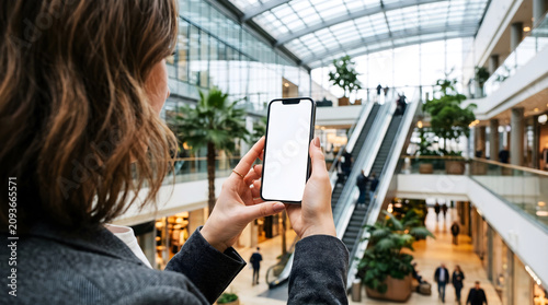 Hand holding mobile phone with blank white screen in modern shopping mall, woman using smartphone for retail app mockup, online store navigation, consumer experience, urban life.
