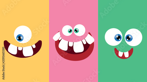 Tableau sur toile A vibrant collection of three whimsical cartoon monster faces with oversized eyes and goofy teeth