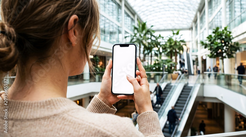 Hand holding smartphone with blank white screen in modern shopping mall, woman using mobile app for e-commerce mockup, retail browsing, consumer shopping experience, city lifestyle.
