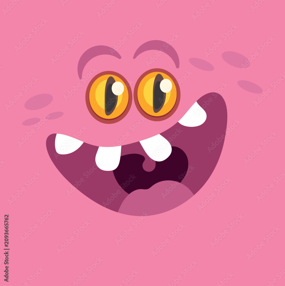 Fototapeta premium A fun and engaging illustration of a pink monster face with a wide friendly grin and large expressive eyes. This character design is perfect for children's content social media graphics or stickers.