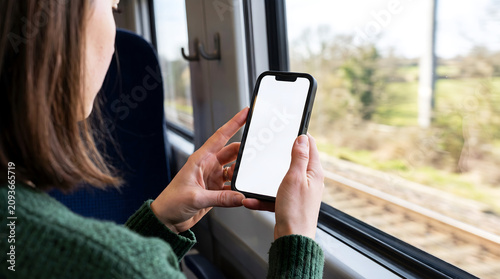 Hand holding smartphone with blank white screen during train travel, woman using mobile app for route navigation mockup, commuting lifestyle, railway journey, digital connectivity.
