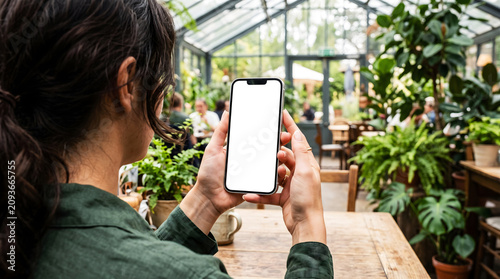 Hand holding mobile phone with blank white screen in lush greenhouse cafe, woman using smartphone for mobile gardening app mockup, digital nature lifestyle, plant shop interior.
