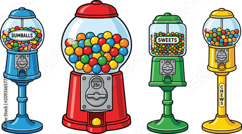 Bild auf Leinwand Retro Gumball Machine Vector Illustration Set with Vintage Colorful Candy Dispen