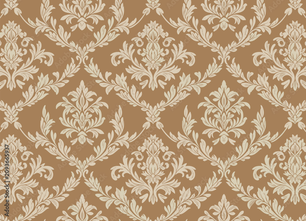 Obraz premium Damask Pattern Wallpaper: An elegant damask wallpaper in a rich tan and cream color palette, featuring a classic ornate motif.