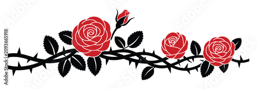 Принти на полотні A Thorny Embrace: Delicate red roses bloom on a branch laden with sharp thorns, symbolizing the duality of beauty and pain