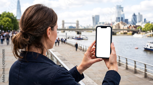 Hand holding mobile phone with blank white screen in London city, woman using smartphone for travel navigation app mockup, urban tourism, sightseeing, digital city life concept.
