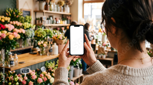 Hand holding smartphone with blank white screen in flower shop, woman taking photo of floral arrangement for e-commerce, florist business marketing mockup, digital shop browsing.
