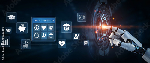 Robotic Hand Interacting with Futuristic Digital Employee Benefits Dashboard, Illustrating AI-Driven HR Solutions and Modern Workplace Compensation Management