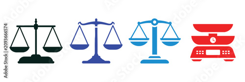 Fotografía Scales Icon Set Featuring Law Scale, Justice Balance, Court, Legal, Equality And Judiciary Vector Symbols For Modern Law And Justice Design