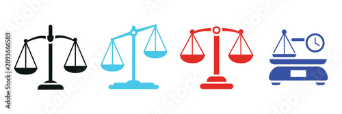 Fotografie Scales Icon Set Featuring Law Scale, Justice Balance, Court, Legal, Equality And Judiciary Vector Symbols For Modern Law And Justice Design