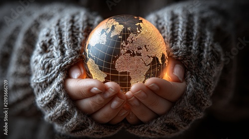Warm hands gently holding a glowing globe against a dark knitted background, symbolizing care, hope, and global connection.