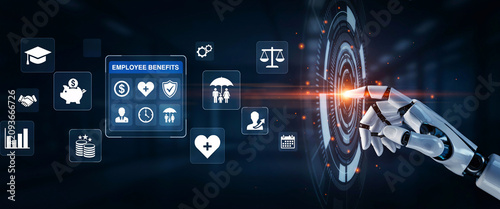 Digital Robotic Hand Interacting with Holographic Employee Benefit Packages for Modern Corporate Human Resources Management