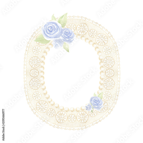 Watercolor elegant lace frame with delicate blue roses and pearls in Coquette aesthetic style. Hand drawn romantic floral template with copy space for wedding invitations and stationery