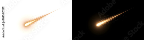 Meteor comet golden light effect with sparkling falling star trail for overlay use in PNG, Transparent and Black Background Versions
