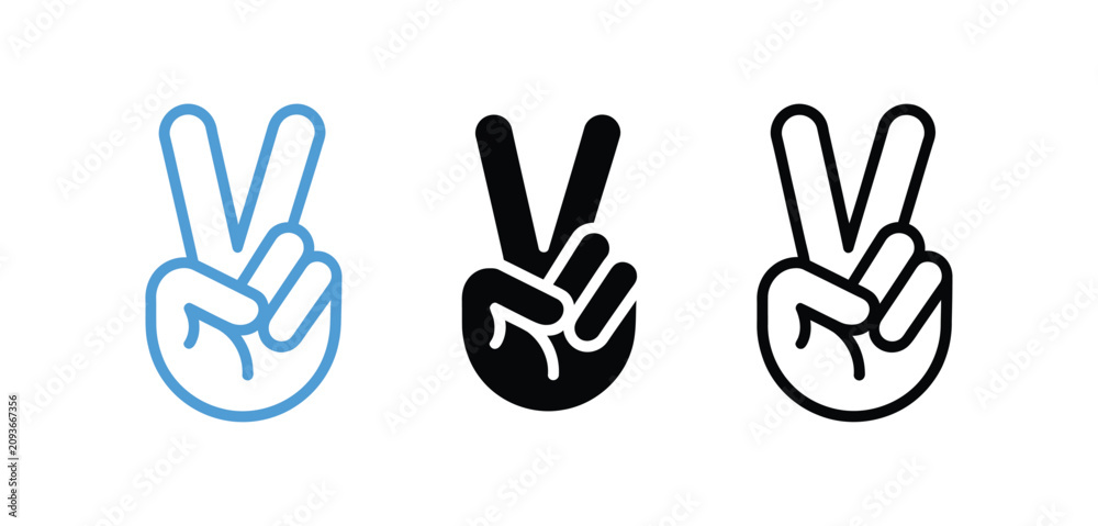 Fototapeta premium Peace Sign Hand Icon Set, Black And Blue V Gesture Vector Collection Symbolizing Freedom, Success, Victory And Positive Expression, Modern Hand Gesture Icons In Diverse Styles For Branding, Social