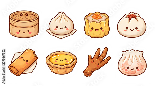 Set of cute cartoon dim sum icons with each friendly smiling face illustrations various steamed vector