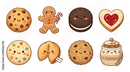 Set of cute cartoon cookie characters and sweets on transparent background with cute illustration style
