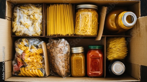 Cardboard box filled with essential food items including pasta, oil, canned goods, and jars. Donation concept