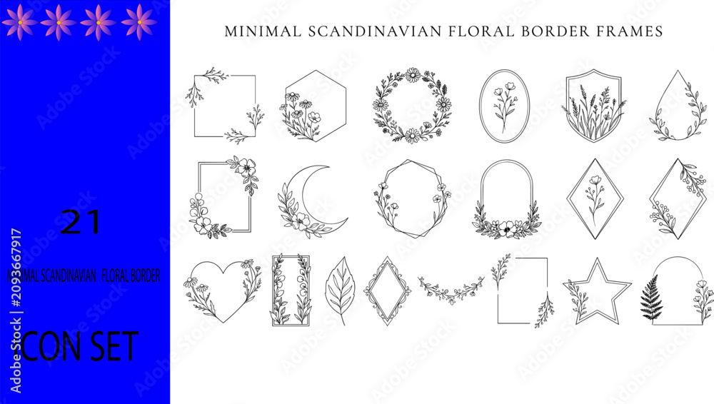 Obraz premium 21 minimal Scandinavian floral border frame and wreath icon set for modern design