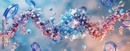 Conceptual Digital Rendering of Complex Molecular DNA Structures and Scientific Biological Particles in Vibrant Motion