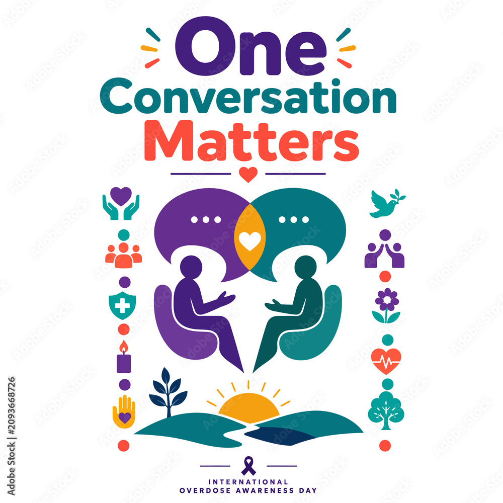 Fototapeta premium Addiction Recovery Support Concept Dialogue Bubble Nature Landscape. Overdose Prevention Advocacy Counseling Meeting Illustration Design. International Overdose Awareness Day Poster Creative Vector Il