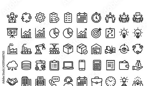 Business Productivity and Multitasking Line Icon Set with Production Workflow Editable Stroke Vector