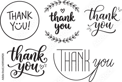 Elegant black and white thank you calligraphy vector set. Minimalist hand lettering badges featuring script fonts, circular stamps, line art wreaths, and simple geometric accents