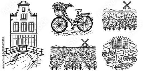 Amsterdam Travel Doodle Black White-Canal House Bicycle Tulip Field-Dutch Destination Vector-Amsterdam Icon Doodle-Travel Poster Design Set