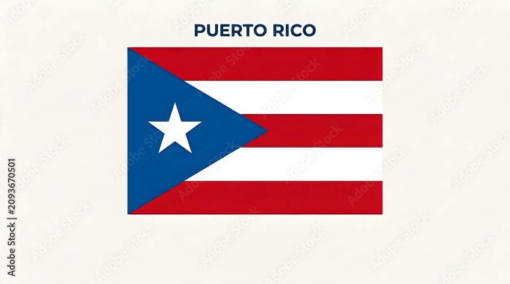 Obraz premium Puerto Rico flag displayed in a clean country-identification layout beneath a bold PUERTO RICO heading, with red and white stripes, a blue hoist triangle and white star centered on a bright white back