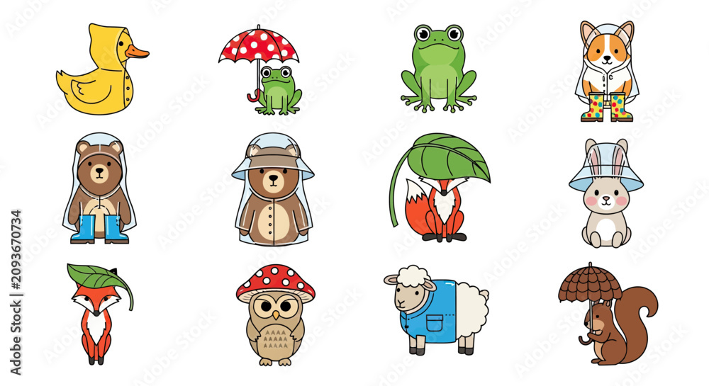 Fototapeta premium Cute animals in raincoats and umbrellas on rainy days.