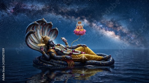Lord Vishnu Reclining on Shesha Naga Cosmic Ocean Celestial Night
