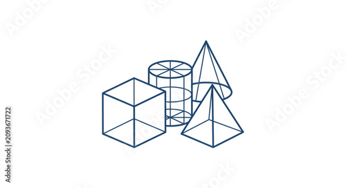 Obraz na płótnie Geometric shapes line art illustration with cube cylinder cone pyramid