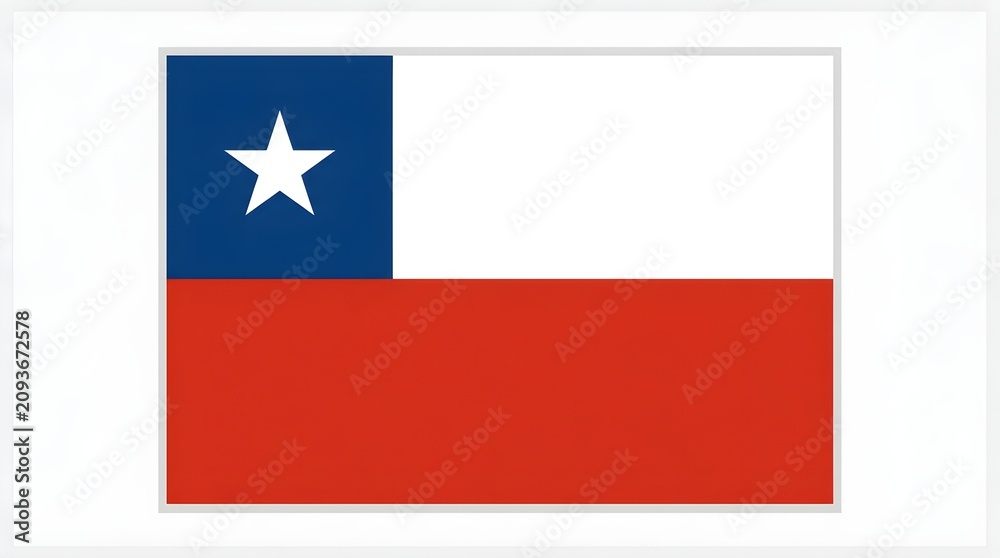 Fototapeta premium Chile national flag illustration on a crisp white background, showing a dark blue canton with a single white star above a broad red lower field and clean white upper section in a simple formal banner