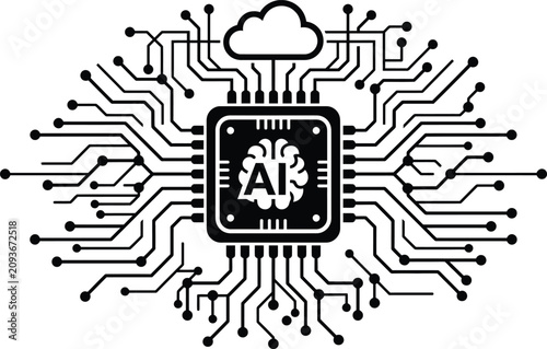 Artificial intelligence chip circuit board with cloud computing and AI brain silhouette on white background