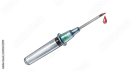 Medical Syringe with a Single Droplet of Blood Concept Isolated on White Background for Healthcare Diagnostics and Clinical Vaccination Research