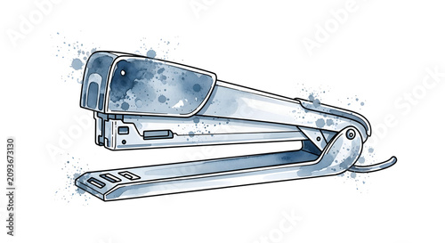 Watercolor Illustration of a Classic Metal Office Stapler for Desktop Organization and Professional Document Management Stationery Supplies
