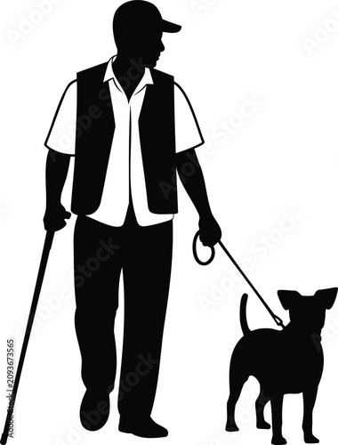 Foto Man walking dog with cane assistance guide visually impaired person mobility aid