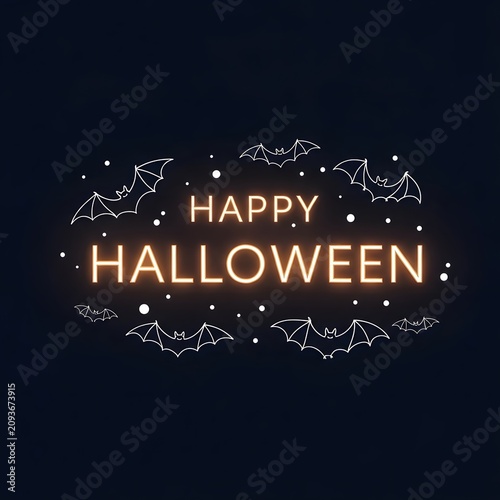 Happy halloween text in glowing orange neon style surrounded by white line art bats on dark background Happy Halloween