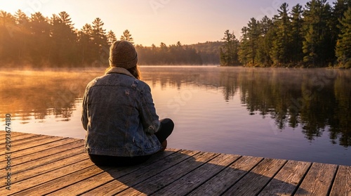 Woman sitting on a dock by serene lake at sunrise with nature